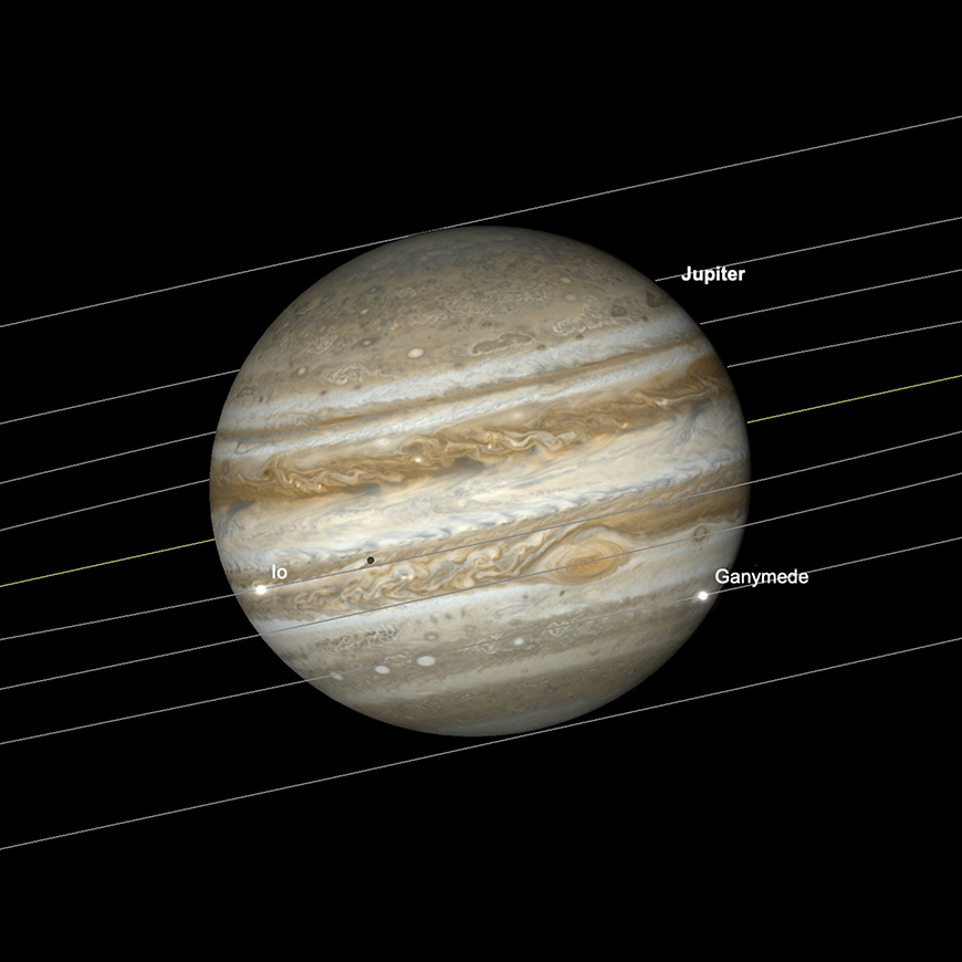 Jupiter with Great Red Spot, Io and Ganymede Transits, 29th September, 1.16am.  Image created with SkySafari 5 for Mac OS X, ©2010-2016 Simulation Curriculum Corp., skysafariastronomy.com.