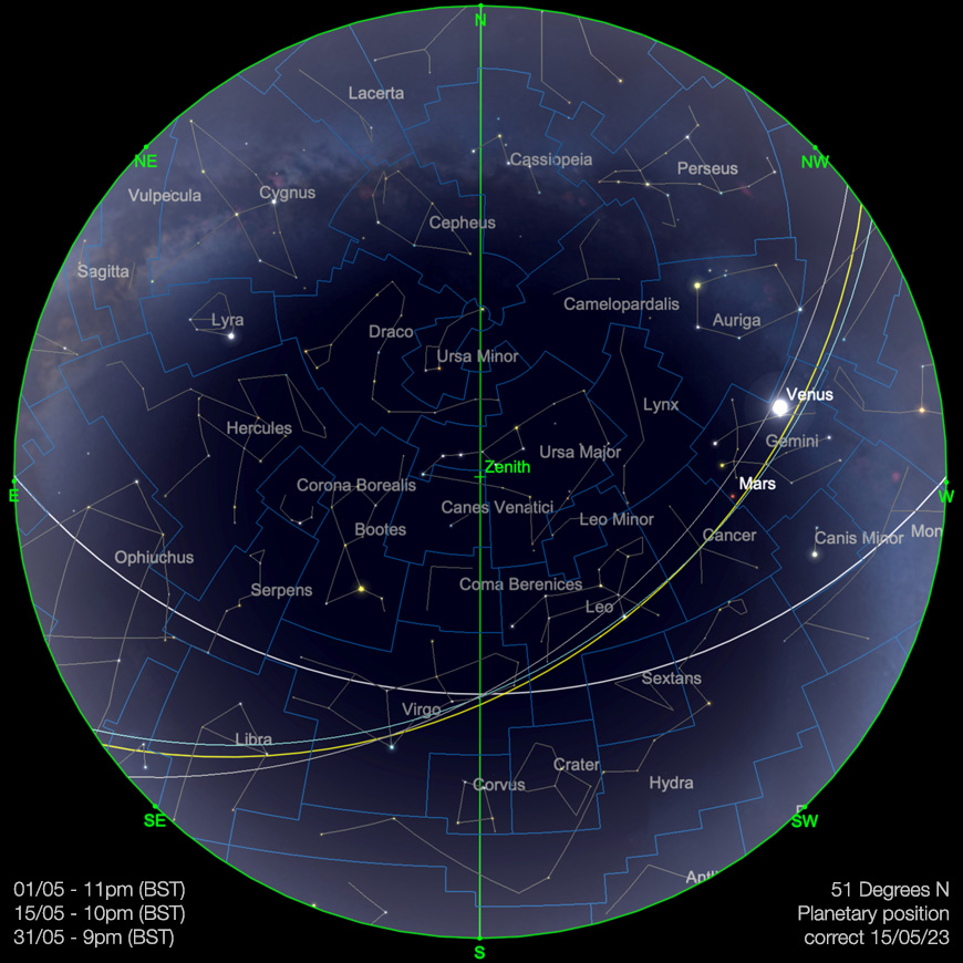 May Sky Chart.  Image created with SkySafari 5 for Mac OS X, ©2010-2016 Simulation Curriculum Corp., skysafariastronomy.com.