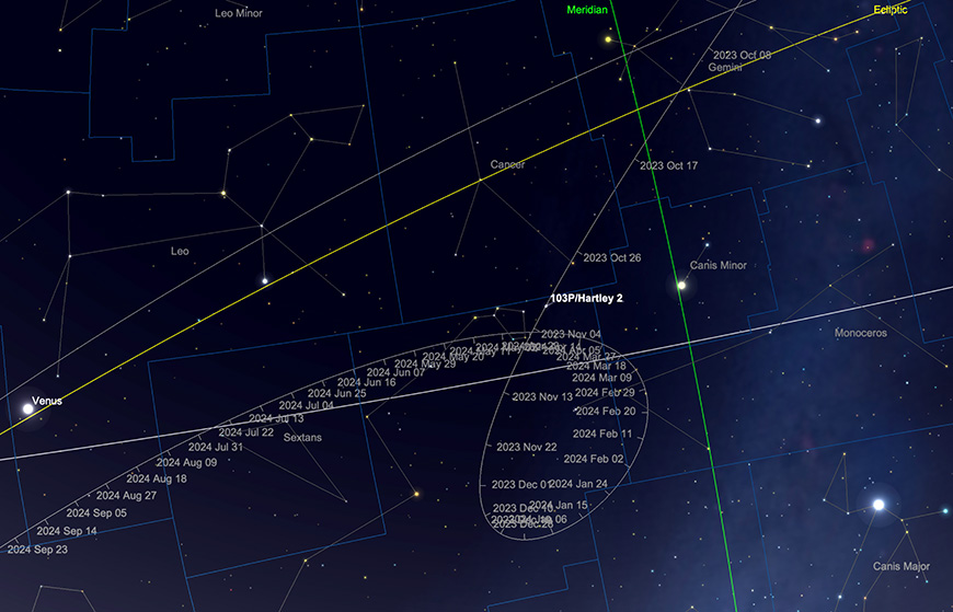 Comet Hartley path during November.  Image created with SkySafari 5 for Mac OS X, ©2010-2016 Simulation Curriculum Corp., skysafariastronomy.com.