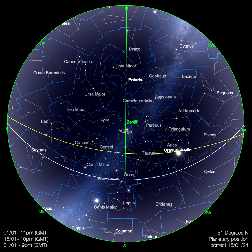 January 2024 Sky Chart (planetary positions correct for 15th January). Image created with SkySafari 5 for Mac OS X, ©2010-2016 Simulation Curriculum Corp., skysafariastronomy.com
