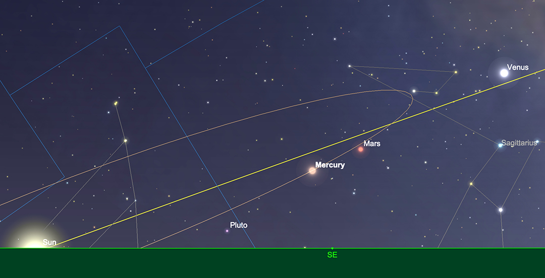 Mercury, sunrise, 1st February.  Image created with SkySafari 5 for Mac OS X, ©2010-2016 Simulation Curriculum Corp., skysafariastronomy.com. 