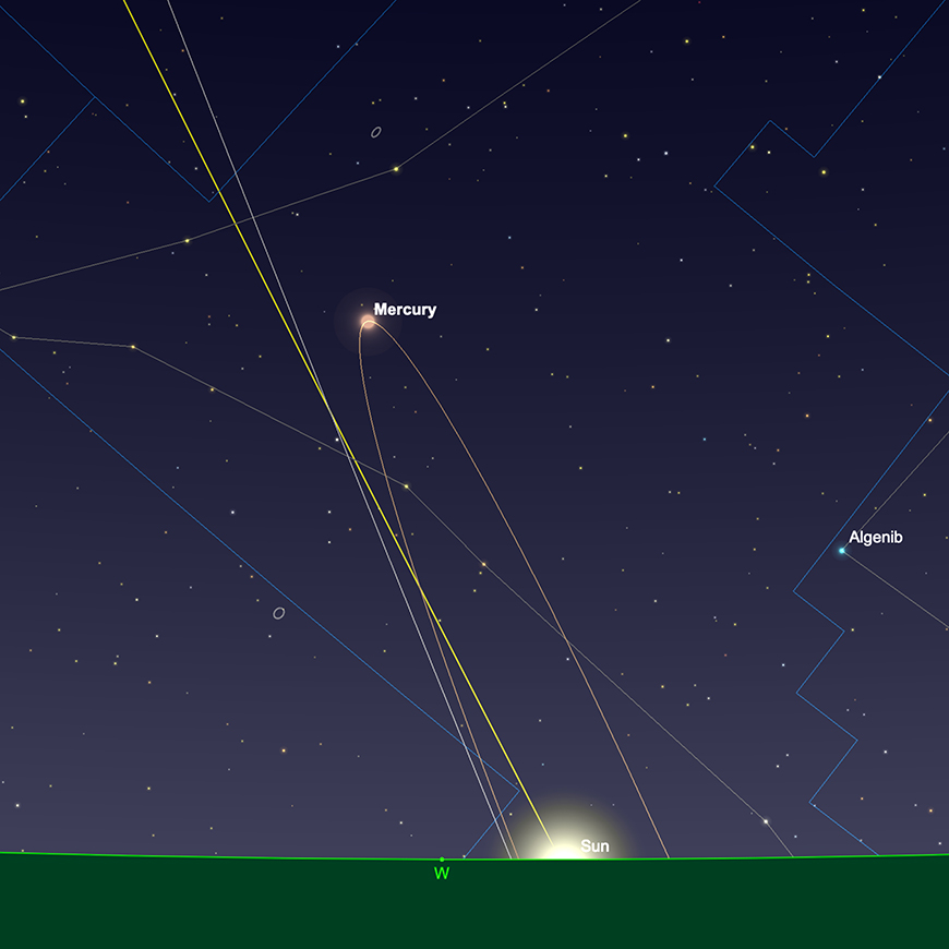 Mercury greatest eastern elongation, sunset 24th March.   Image created with SkySafari 5 for Mac OS X, ©2010-2016 Simulation Curriculum Corp., skysafariastronomy.com.