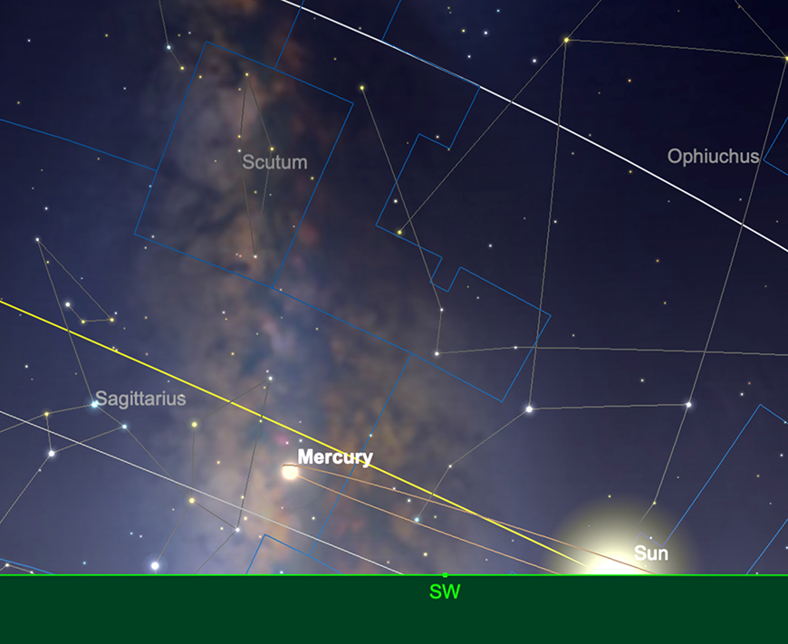 Mercury, sunset, 1st December.  Image created with SkySafari 5 for Mac OS X, ©2010-2016 Simulation Curriculum Corp., skysafariastronomy.com