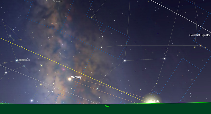 Mercury, sunset, November 30th.  Image created with SkySafari 5 for Mac OS X, ©2010-2016 Simulation Curriculum Corp., skysafariastronomy.com.