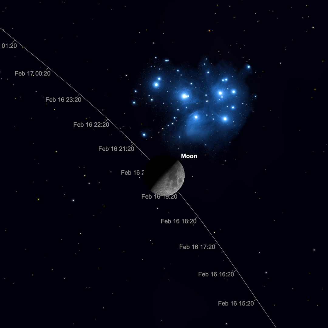 Moon and Pleiades, 8pm, 16th February.  Image created with SkySafari 5 for Mac OS X, ©2010-2016 Simulation Curriculum Corp., skysafariastronomy.com. 