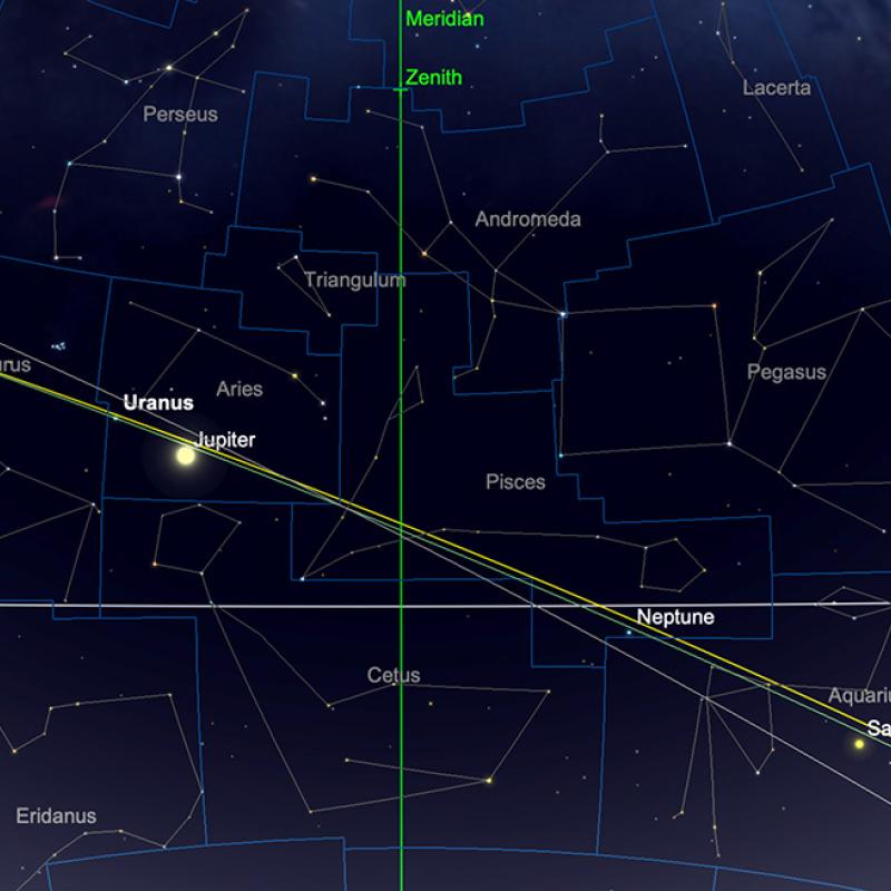Uranus and Neptune relative positions, mid-September.  Image created with SkySafari 5 for Mac OS X, ©2010-2016 Simulation Curriculum Corp., skysafariastronomy.com.